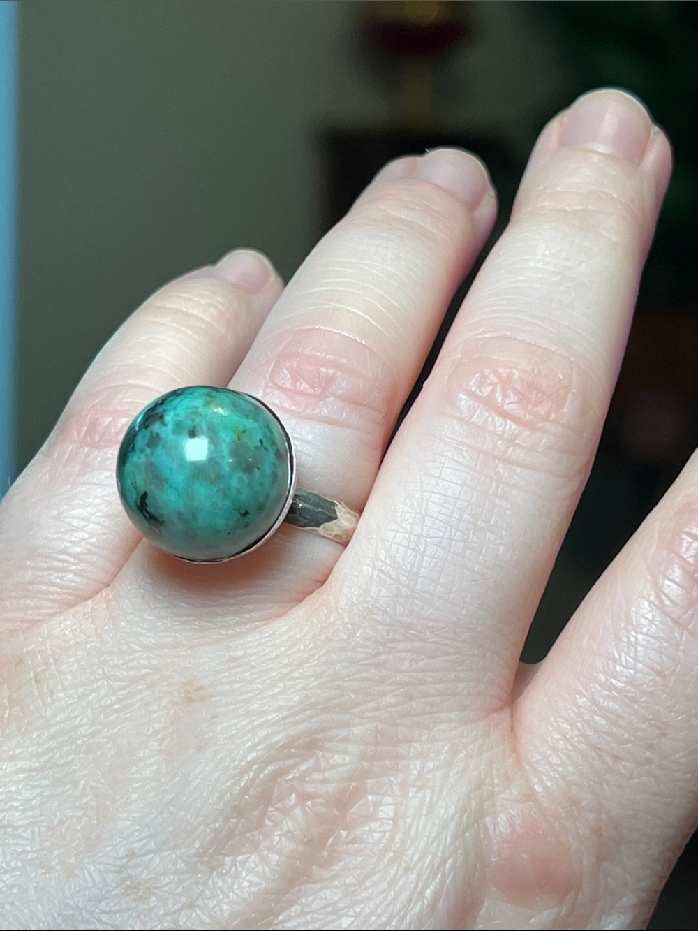 Vintage Modernist Orb Chrysocolla Gemstone Sphere Sterling Silver Ball Ring - Picture 10 of 12